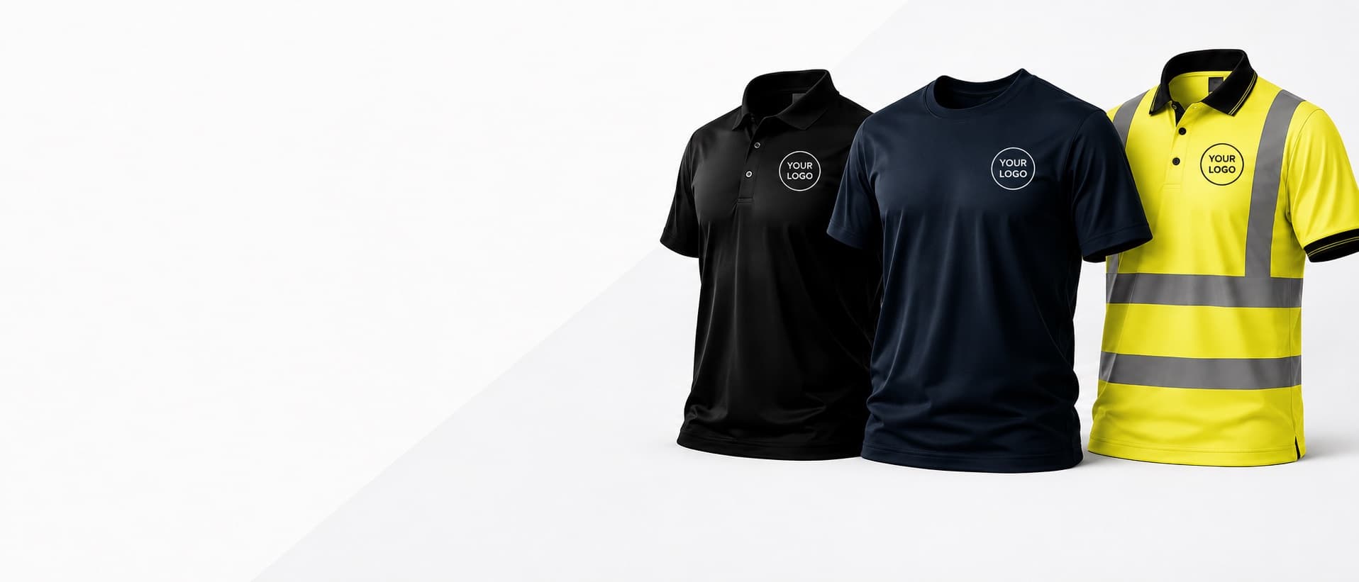 Workwear printing Richmond — branded black polo, navy t-shirt and hi-vis polo with your logo